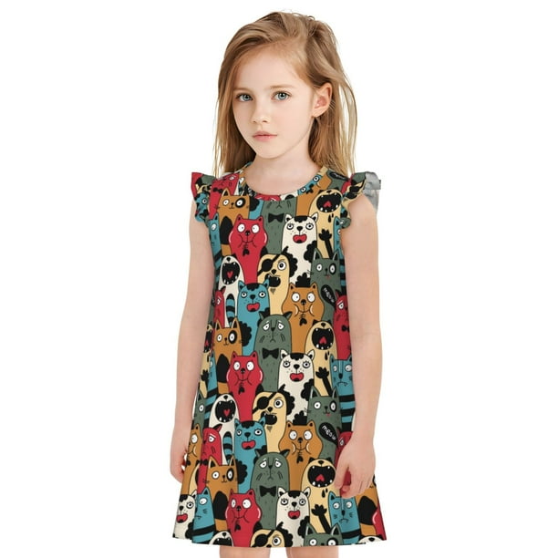 Fotbe Different Cats 1 Vestido de Dormir para Niñas de 3 a 10 Años, Mangas Cortas, Estilo Princesa, Pijama Camisón con Mangas Voladas-Small