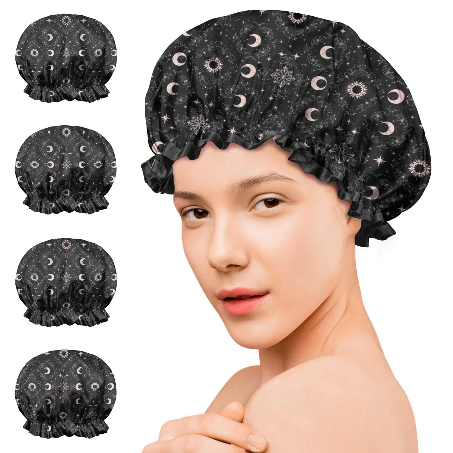 Shower Caps,Black Moon Star Pattern Waterproof Shower Cap for Women 4 Pieces,Double Reusable Hair Cover for Shower PEVA Elastic Stretch Hem