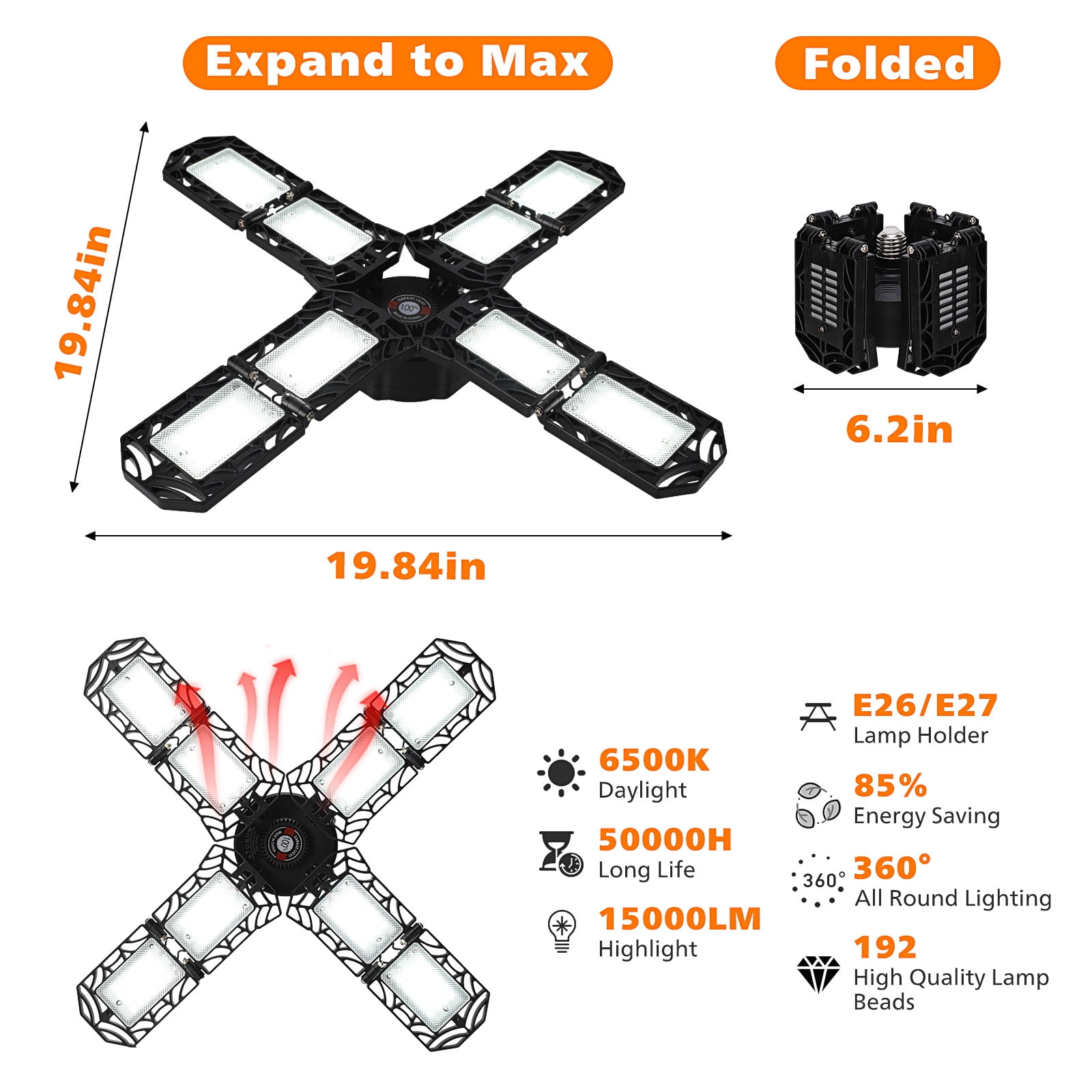 "2 Pack Garage Light ,150W Deformable LED Garage Light ,8 Adjustable Panels Commercial Bay Lighting,E26/E27 Base Shop Lights ,Garage Light Bulb, LED Lights for Garage Organization, Basement,Warehouse"
