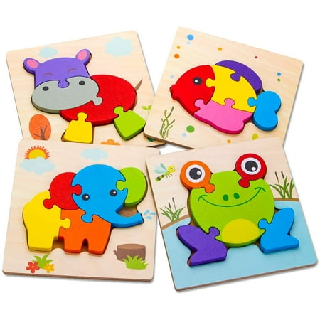 Wooden Toddler Puzzles Toys Gifts, 4 Pack Animal Shape Jigsaw Puzzles ...