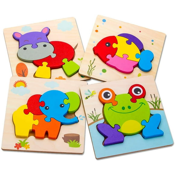 Wooden Toddler Puzzles, Gift Toys for 1 2 3 Years Old Boys &Girls, Baby Educational Toys with 4 Animals Patterns, Bright Vibrant Color Shapes
