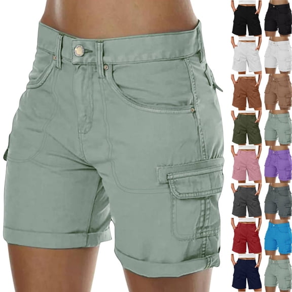 Cargo Shorts Women Elastic Mid Rise Outdoor Hiking Athletic Button Denim Knee Bermuda Plus Size Casual Lady Clothes W/Pockets Green XL 8" inseam