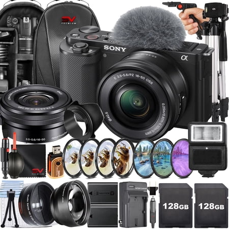Sony ZV-E10 Mirrorless Camera with 16-50mm Lens + 2 Pack 128GB Memory Card + Backpack + Filter Kit + Full Size Tripod + SV Premium Accessory Bundle (International Version)