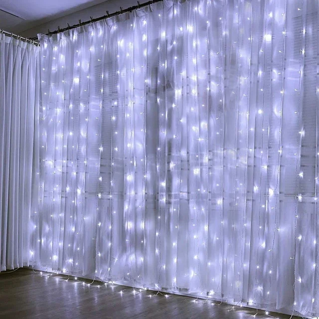 Cortina de luces LED de 300 LED, 3 m x 3 m, 8 modos de iluminación, IP44 resistente al agua, para uso en interiores y exteriores, ideal para Navidad, bodas, cumpleaños, ventanas, casas y patios.