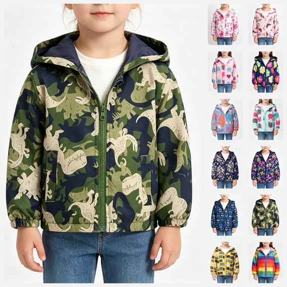BCSIOAOI Toddler Girls Jacket,Cute Print Hooded Zip Lightweight Windbreaker with Pockets Army Green 3-4t