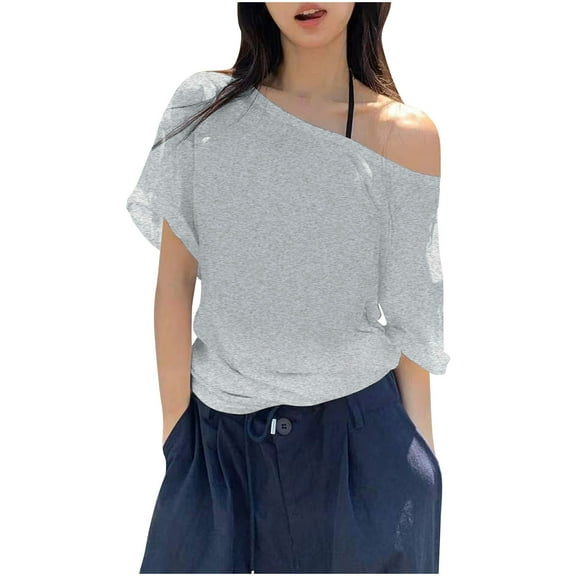 Oplxuo Womens Off The Shoulder Tops Oversized T-Shirts Short Sleeve Tees Summer 2025 Casual Fashion Clothes