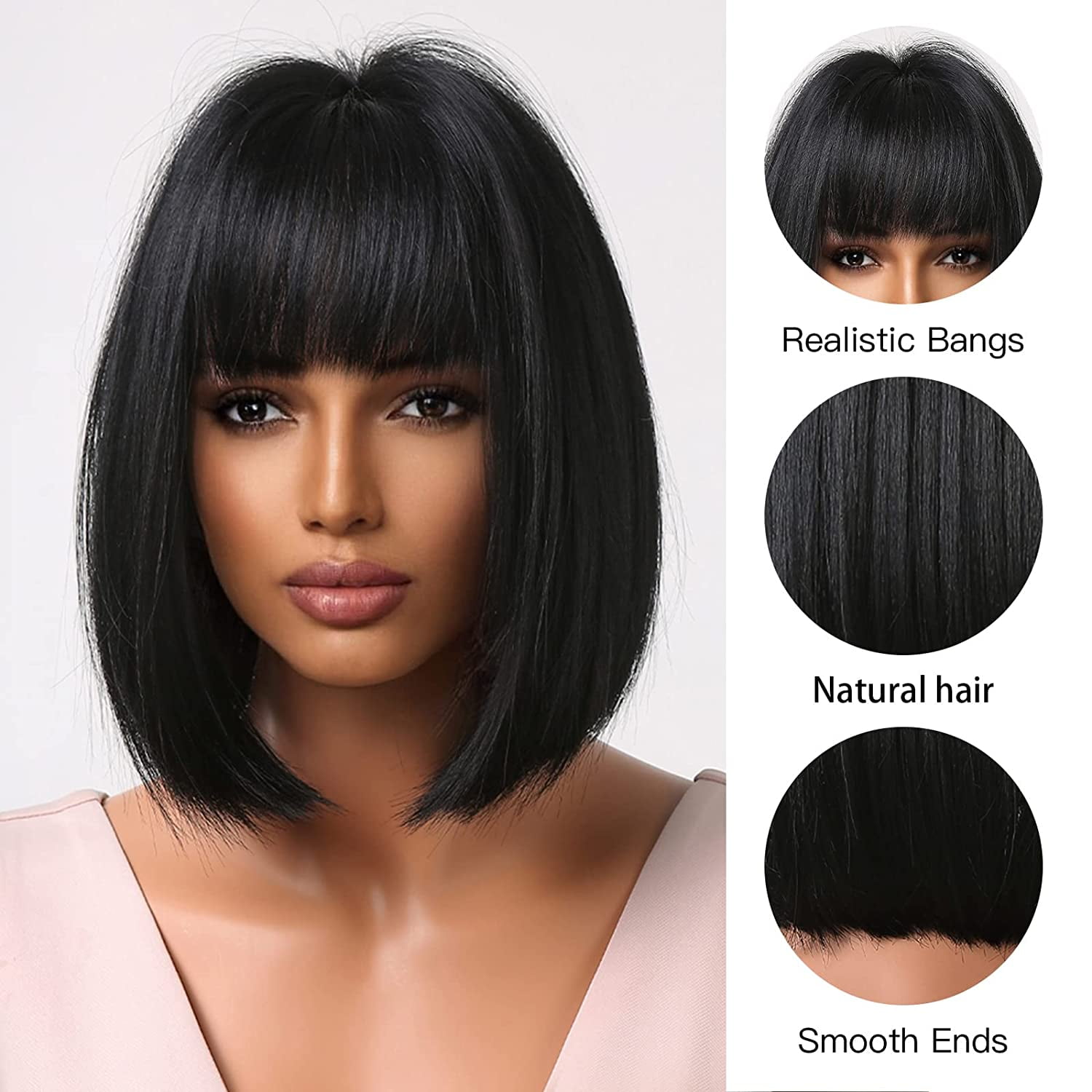 DOPI Fashion Women Short Straight Black Wig with Bangs, 12 Inches（Synthetic Wig）