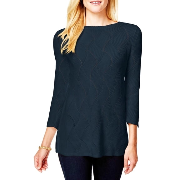 Charter Club Navy Fan Stitch 3/4 Sleeves Sweater Top Women's Medium
