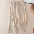 thumbnail image 3 of Palazzo Pants for Women Spring Summer Cotton Linen Floral Embroidery Elastic Waist Wide Leg Flowy Beach Pants with Pockets, 3 of 4