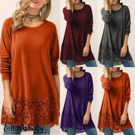 Women Jumper Dresses Womens Lady Long Sleeve Loose Blouse Hem Tunic Tops Jumper A Dress Plus Size S-3XL ()