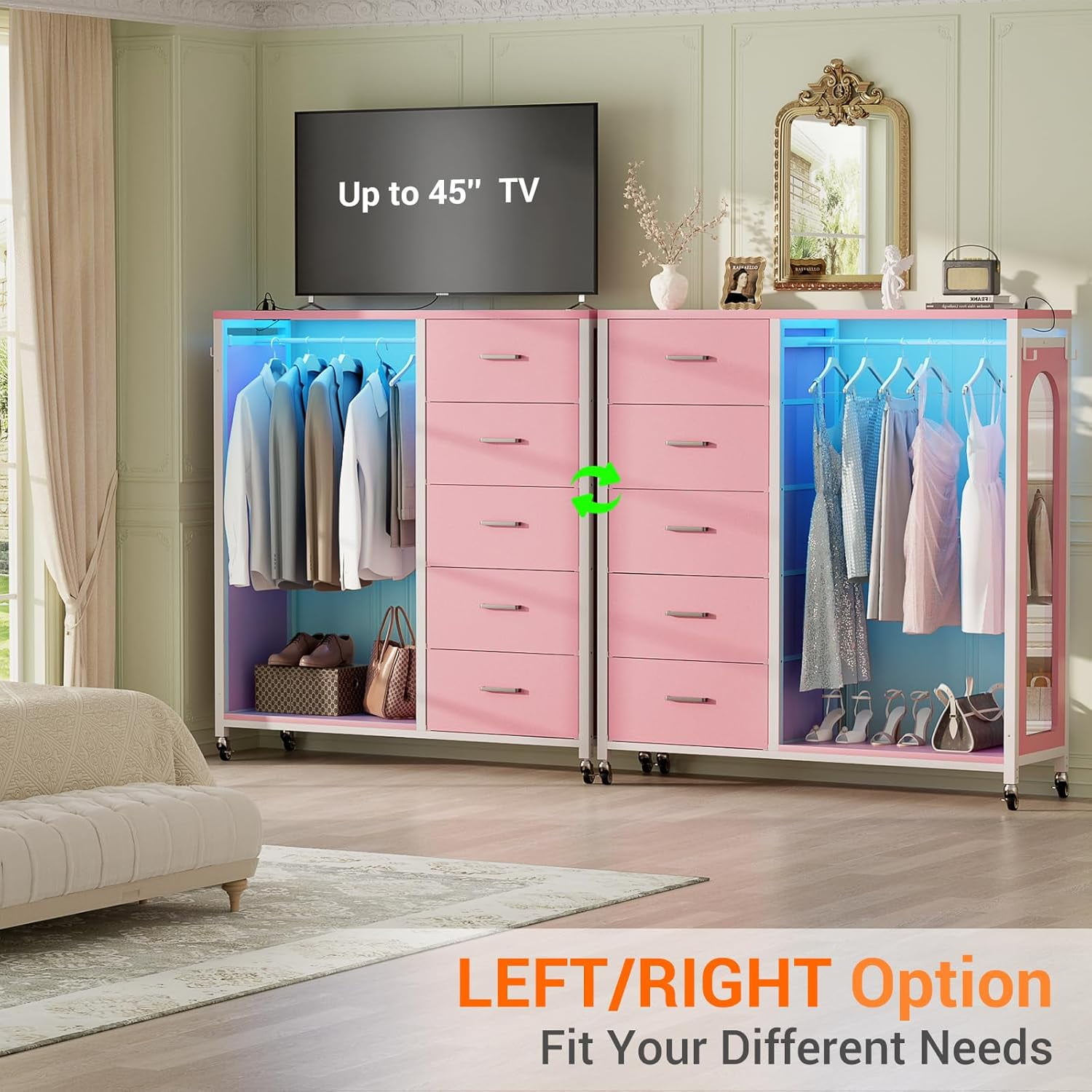 Homieasy Dresser for Bedroom with Clothes Rack & Mirror, Black 5 Drawers Dresser with Charging Station & LED Lights, Rolling Chest of Drawers with Wheels, Full Length Mirror, Wooden Top
