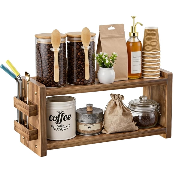 Solid Wood Coffee and Matcha Station Organizer - Farmhouse 2 Tier Shelf with Straw Holder for Matcha, Pods, Sugar, Tea, Cups, Stirrers, Mugs Storage for Home Kitchen Countertop