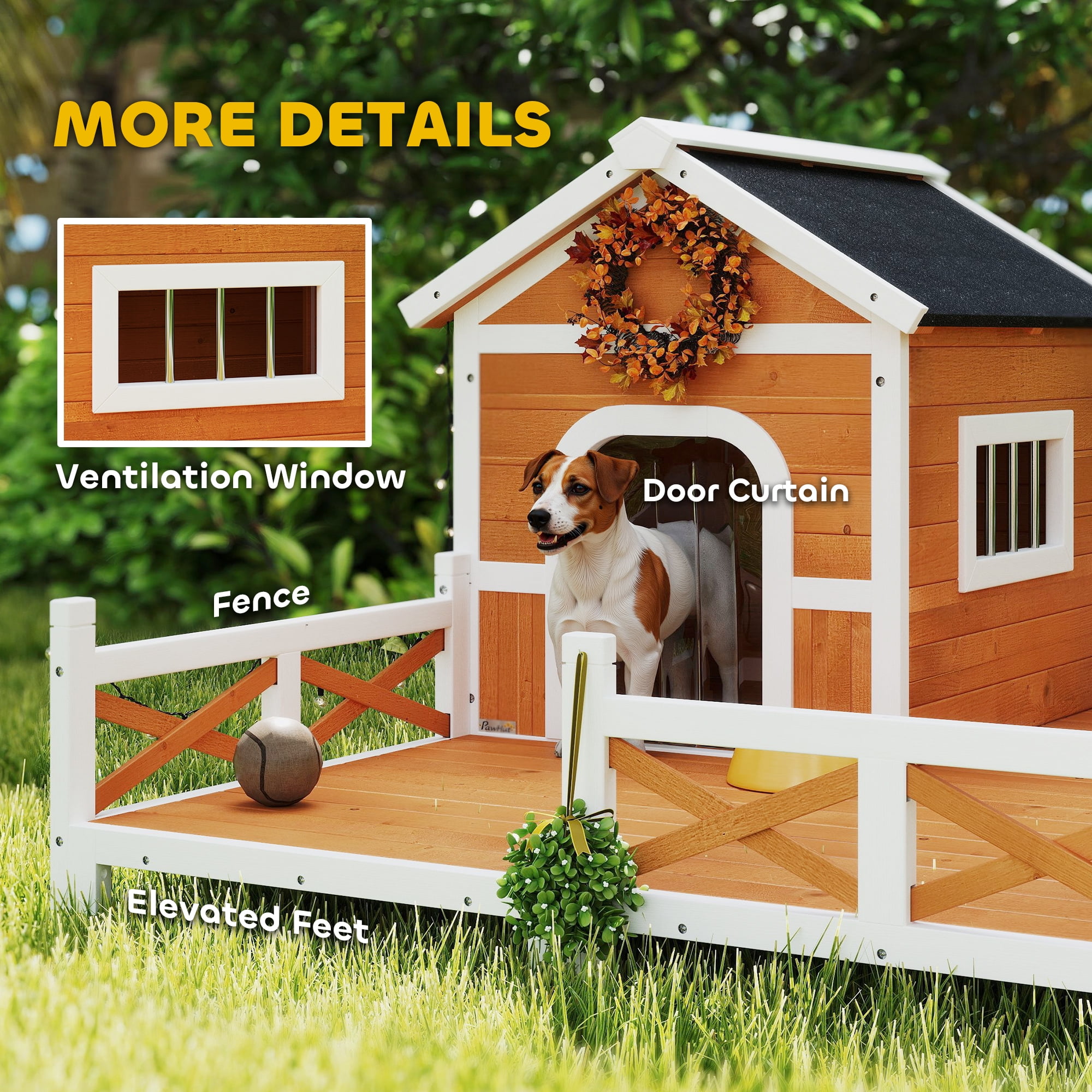 PawHut Outdoor Dog House, Wooden Dog Shlter with Large Porch, Weatherproof & Openable Roof, Elevated Base, Removable Floor