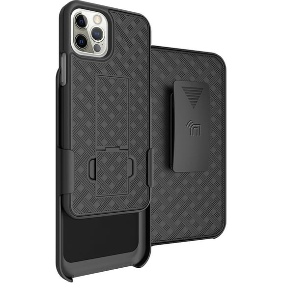 Case with Clip for iPhone 12 Pro Max, Nakedcellphone [Black Tread] Kickstand Cover with [Rotating/Ratchet] Belt Hip Holster Holder Combo for Apple iPhone 12 Pro Max (6.7")