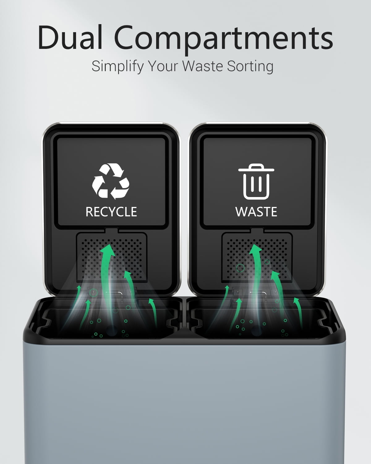 TLSUNNY 60L Dual Kitchen Trash Can, with 2 Odor Control Box, 16 Gal Double Lid Kitchen Bin with 2 Inner Buckets
