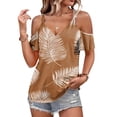 thumbnail image 2 of ASDFVBKG Women Hawaiian Cold Shoulder Cute Shirts Casual Loose Fit Short Sleeve Shirt V Neck Casual Hawaiian Tropical Print Tee Light Brown L, 2 of 4