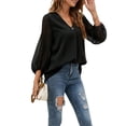 thumbnail image 4 of hirigin Women's Spring Autumn Jacquard Shirt 3/4 Sleeve V Neck Patchwork Chiffon Blouses, 4 of 6