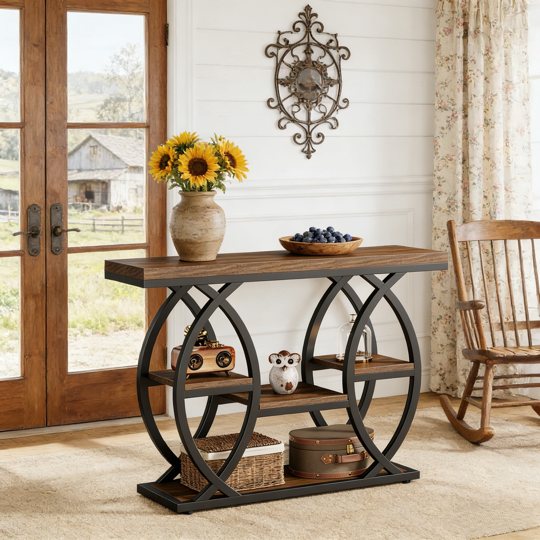 Fnova 39.4" Industrial Console Table, 4-Tier Retro Staggered Storage Shelves, Narrow Wood Accent Table with Metal Frame, for Small Spaces, Entryway, Sofa, Hallway