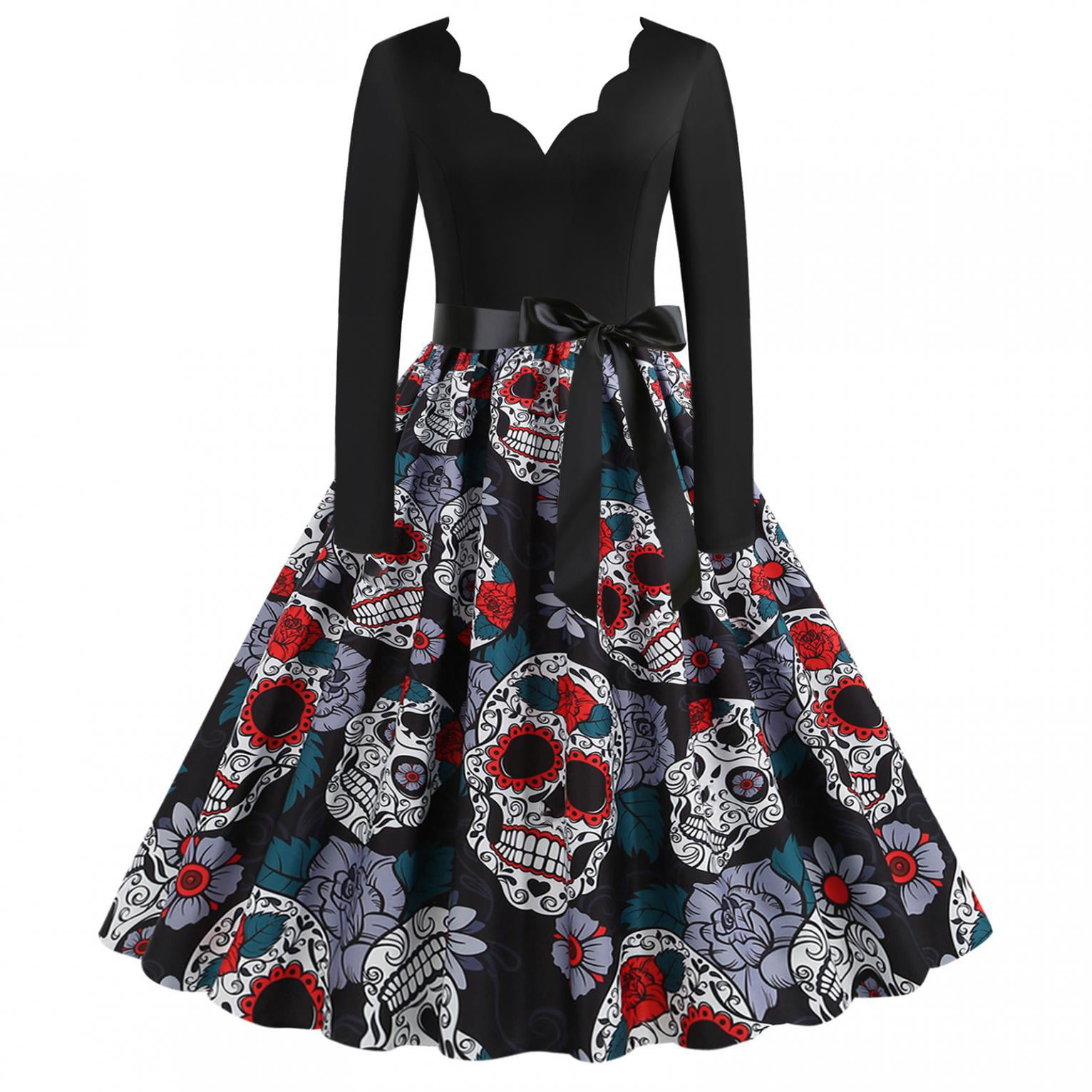 Wirziis Women Maxi Long Dresses Summer Trendy Sleeveless Casual Plus Size Tank Dress Scary Loose Fit Skull V-Neck Dress