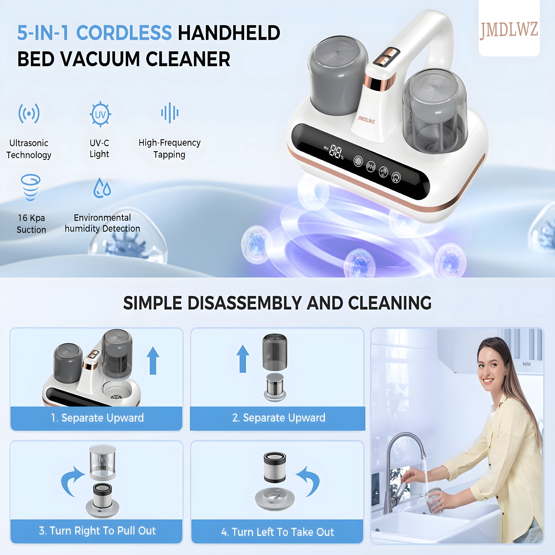 CURYMAY 2026 New Mattress Vacuum Cleaner - 5-In-1 Cordless Bed Vacuum Cleaner,Powered By Uv-C Light & Ultrasonic Technology,16Kpa Strong Suction,Low Noise,Suitable for Dust,Pet Hair,Etc.