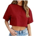 thumbnail image 2 of Lovskoo Womens Cropped T-Shirts Summer Rolled Short Sleeve Crop Tops Casual Round Neck Solid Short Basic Tees Red, 2 of 9
