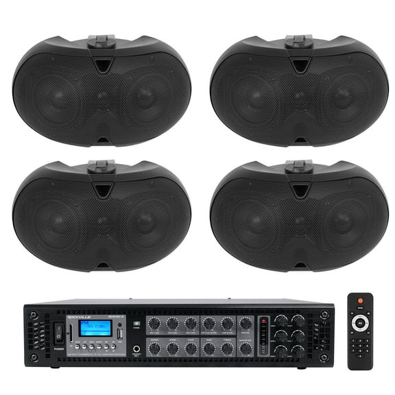 Rockville 6-Zone Amplifier 4) Black Dual 4" 70v Wall Speakers For Restaurant/Bar