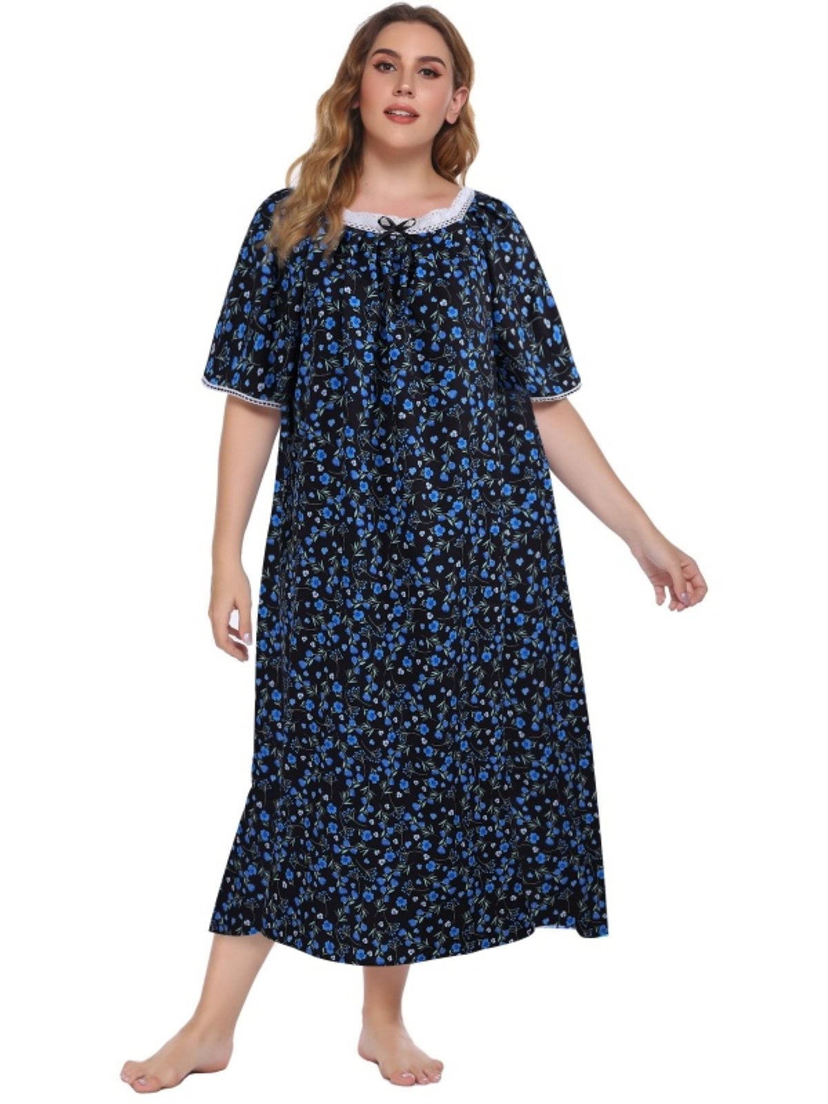 EFINNY Women's Plus Size Long Nightgowns Floral Print Short Sleeve Long ...