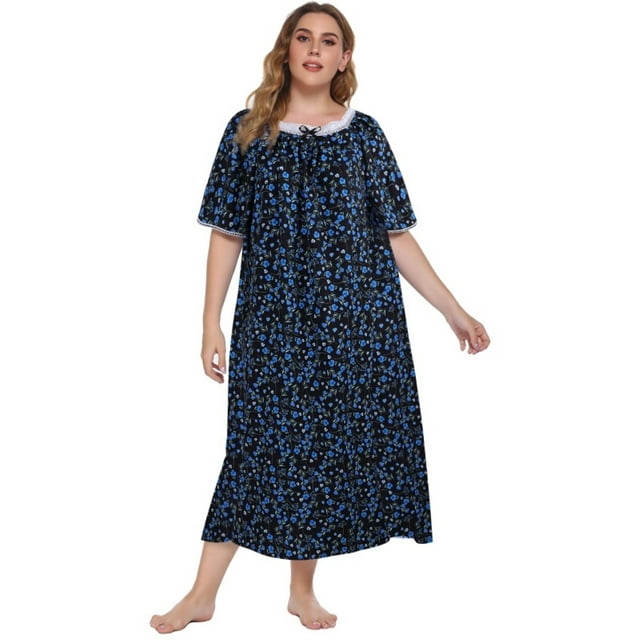 EFINNY Women's Plus Size Long Nightgowns Floral Print Short Sleeve Long