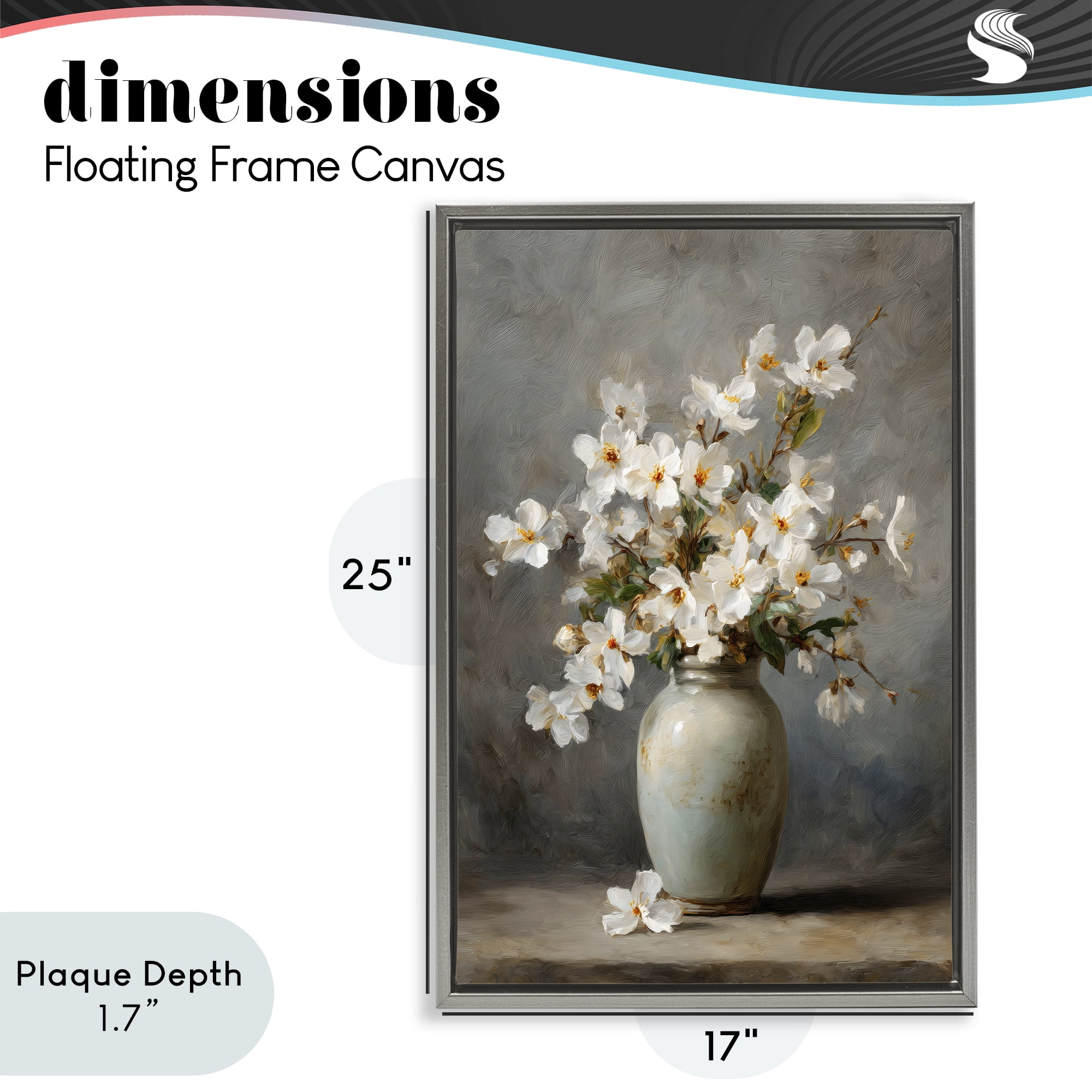 Stupell Industries Full White Flowers in Vase Gray Framed Floater Canvas Wall Art, design by Petal Prints Design