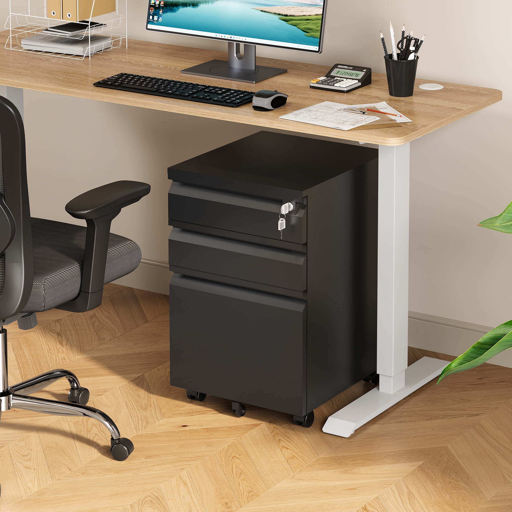GALAXHERO File Cabinet 3 Drawer, Metal Filing Cabinet on Wheels for Home Office, Under Desk Storage with Lock, Fits Letter/A4/Legal Size, Black