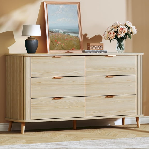 LIMGLIM 6 Drawer Dresser for Bedroom, Mid Century Modern Dresser with Curved Profile & Fluted Design, Wide Wood Chests of Drawers Storage for Bedroom, Entryway, Hallway, Oak