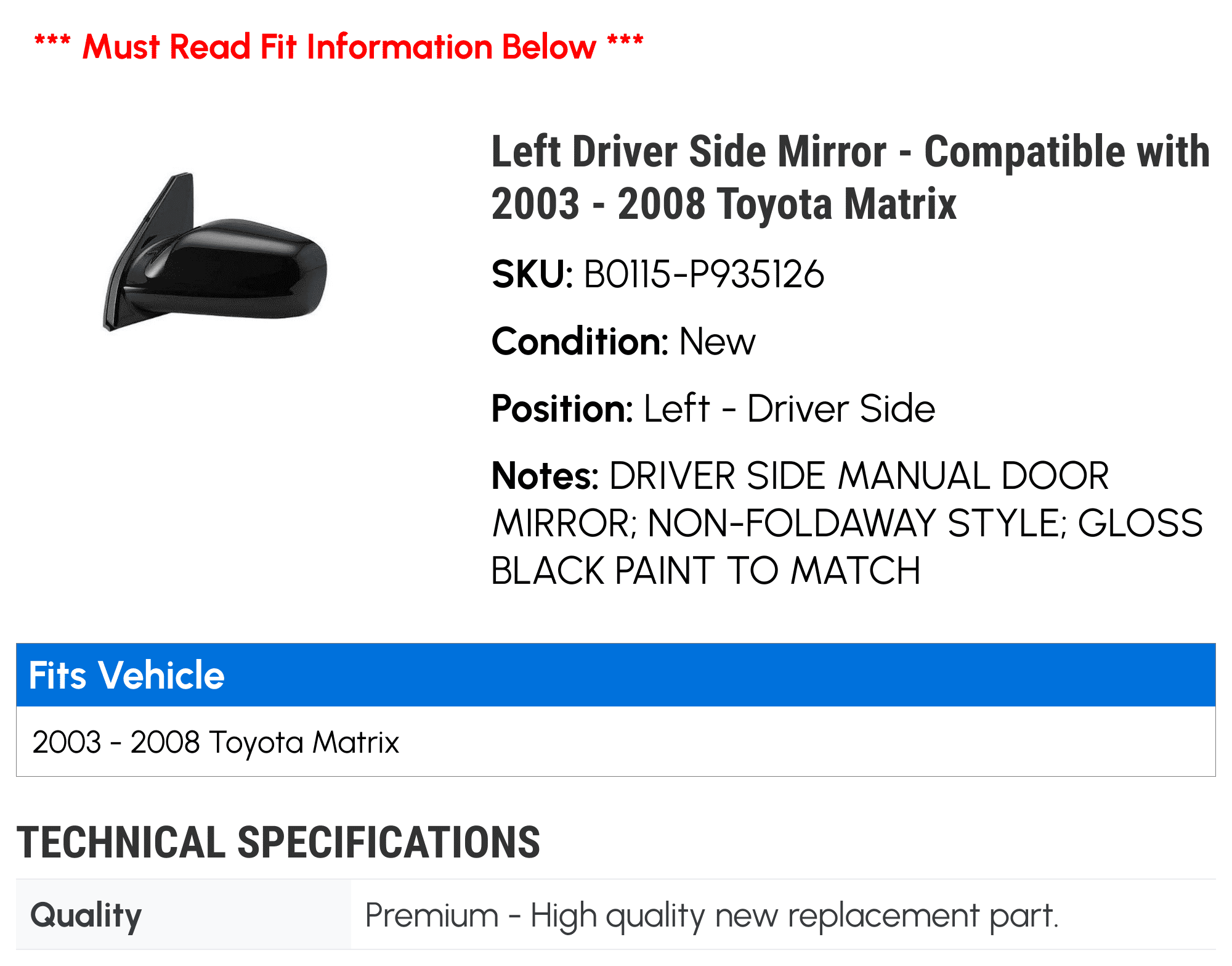 Left Driver Side Mirror - Compatible with 2003 - 2008 Toyota Matrix 2004 2005 2006 2007