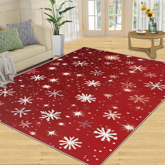 White Snowflake Pattern Area Rug, Red Christmas Decoration Rugs for Living Room, with Anti-Slip Backing Washable Indoor Carpet for Office Dining Room Bathroom 4 x 5ft