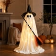 thumbnail image 5 of MYUNNIL Halloween Lighted Witch Ghost Ornament, 5Ft White Large Freestanding Fabric LED Ghost Prop with Witch Hat & Straw Broom, Cute Warm Glowing Decor for Porch Entryway Party Display, 5 of 9