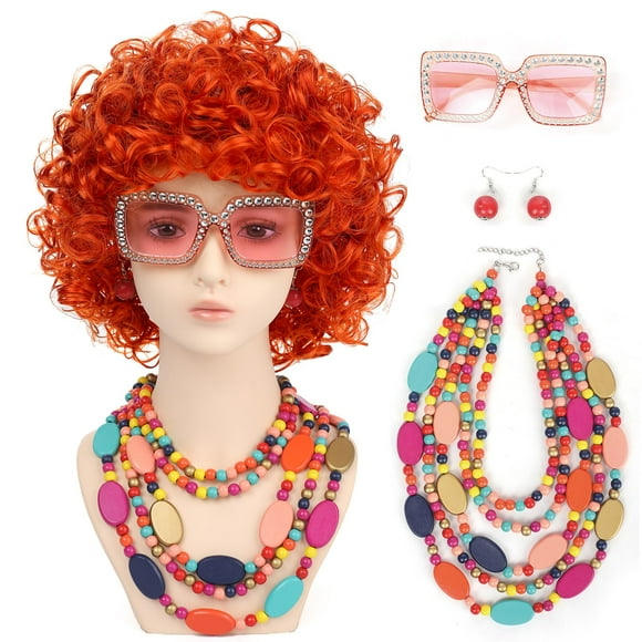 Peluca de Cosplay Nice Here para Mujer con Rizos en Naranja Rojo + Accesorios