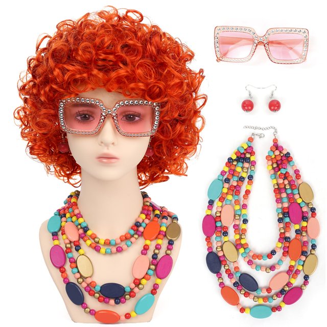 Peluca de Cosplay Nice Here para Mujer con Rizos en Naranja Rojo + Accesorios