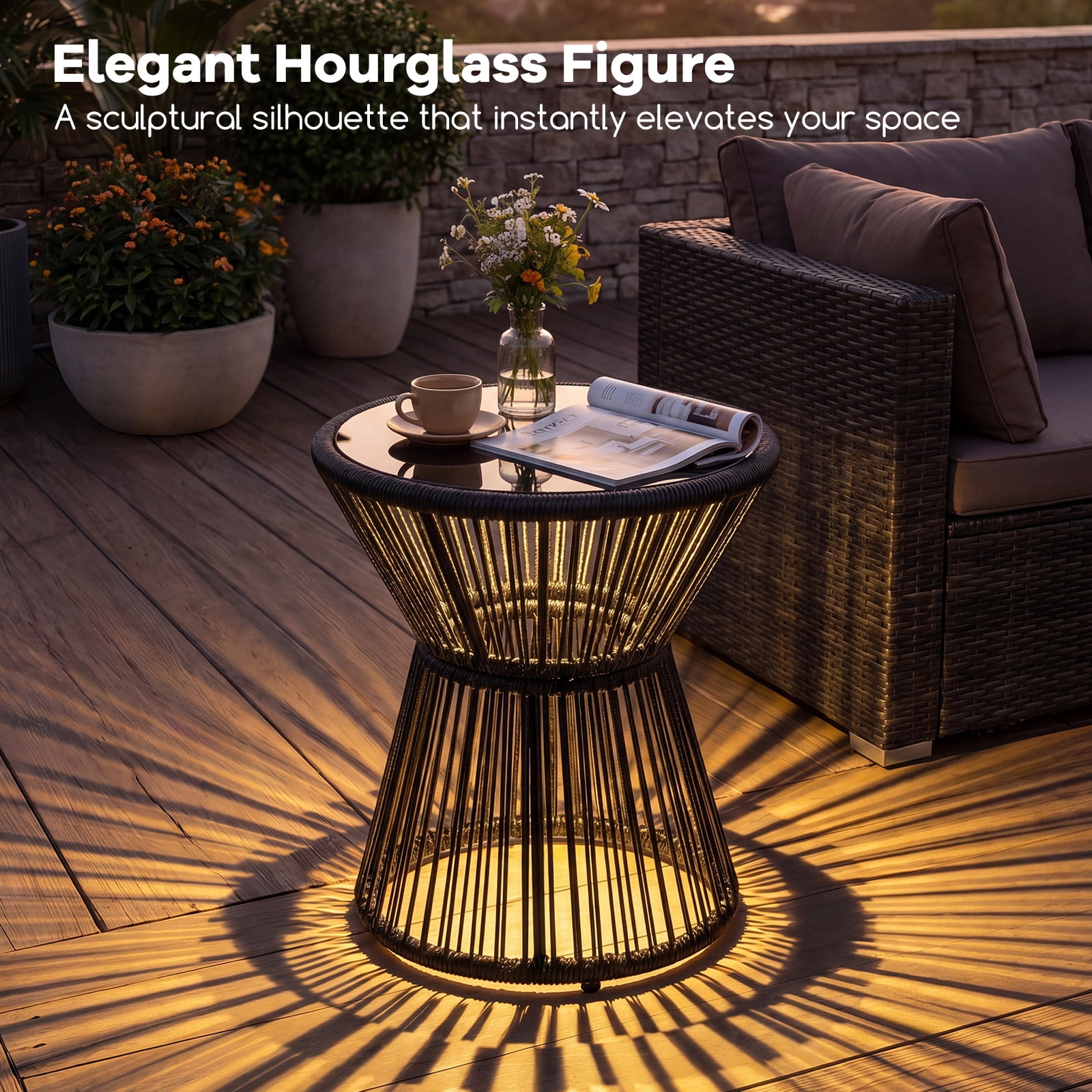 Gymax Outdoor Side Table w/ LED Warm Light PE Rattan Hourglass-Shaped End Table