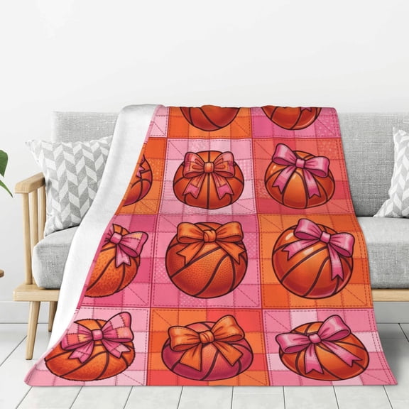 Basketball Throw Blanket Pink Coquette Bow Softball Sports Blanket, Thanksgiving Team Gift Adults 50x40