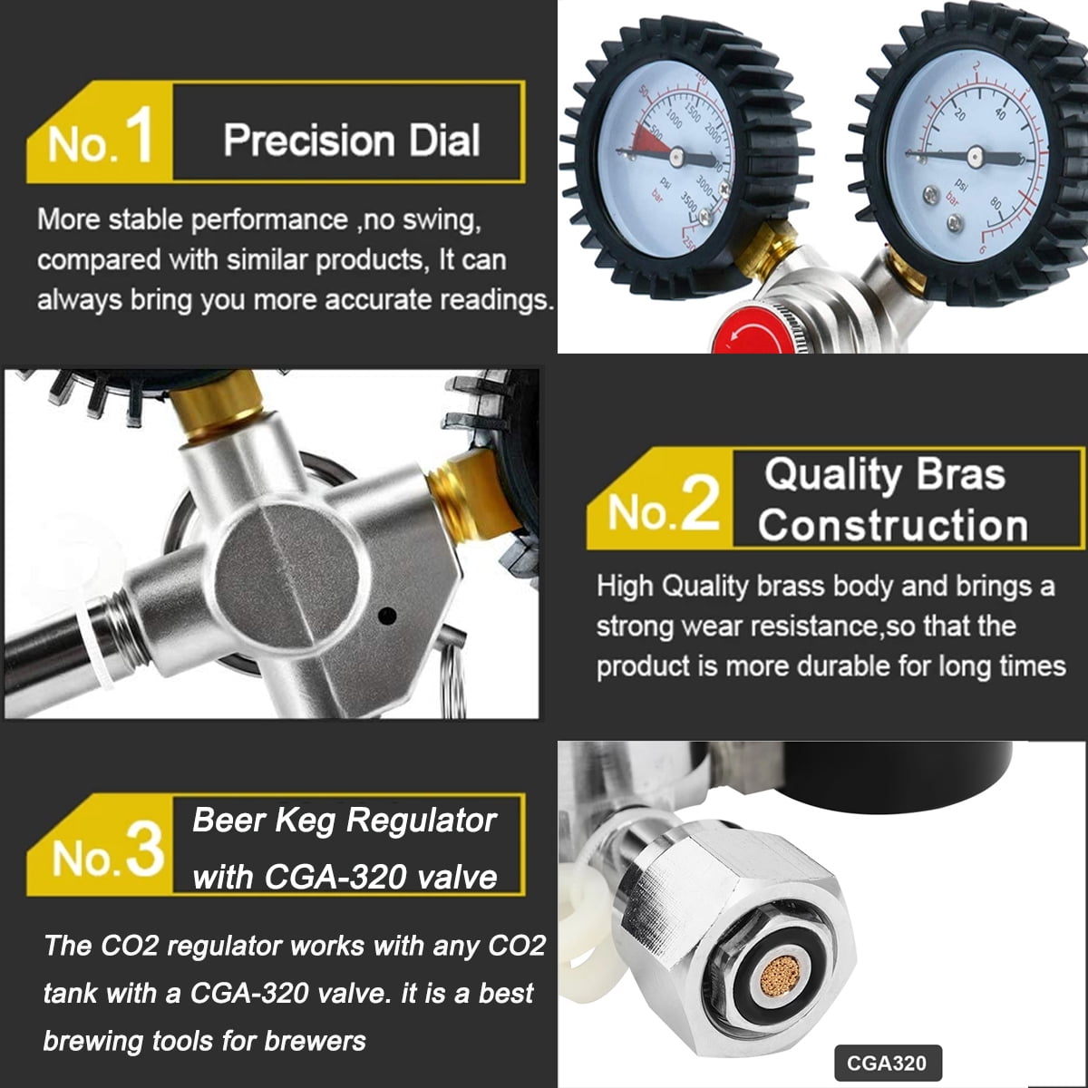 Dual Gauge CO2 Regulator, YIHOR CGA-320 Keg Regulator Keg Beer Regulator for Draft Beer Homebrew Beer Brewing Wine Making