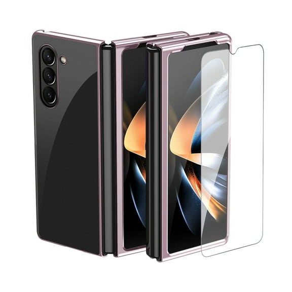 Dteck Clear Case for Samsung Galaxy Z Fold 5, Z Fold5 5G Case with Front Glass Screen Protector, Slim Plating Bumper Shockproof Hard PC Protective Phone Cover for Samsung Galaxy Z Fold5,Rosegold