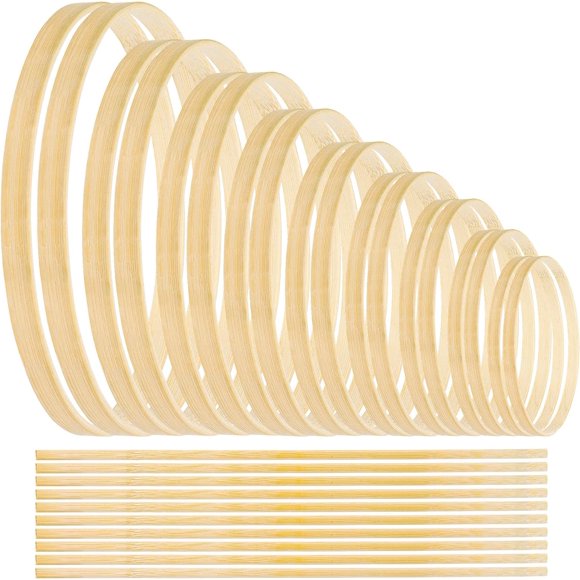 Rancco 18 Pc Bamboo Macrame Hoop Set w/ 10 Stick, 9 Size(4, 5.2, 6, 7, 7.9, 9, 10.3, 11.8 & 13inch) Wooden Large Wreath Rings Craft Hoop for DIY Dream Catcher, Wedding Wreath Decor, Wall Hanging Craft