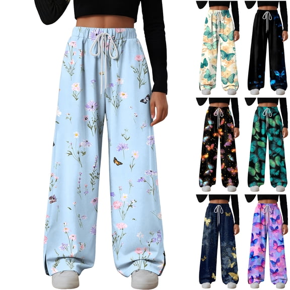 felwors Women's Floral Print Wide Leg Sweatpants – Soft Lounge Joggers with Drawstring Waist & Pockets, Casual Comfort Fit for Home, Travel & Everyday Wear(Light Blue, XXL)