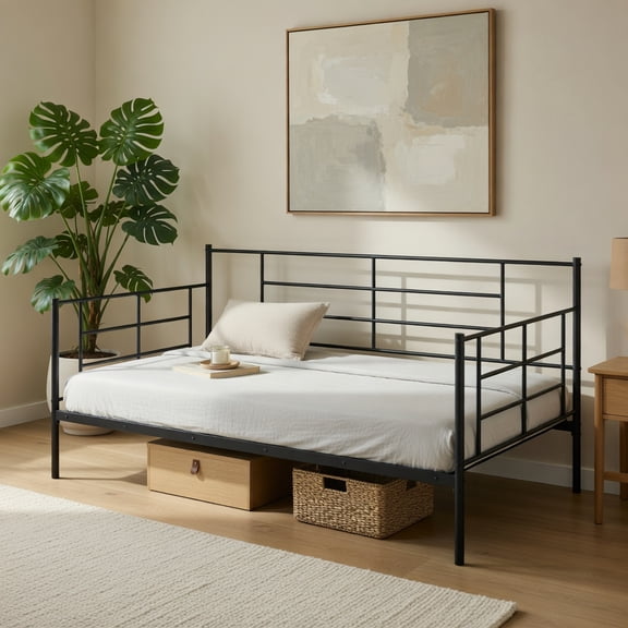 Demi Bonn Twin Size Metal Daybed Sofa Bed Frame with Armrests and Backrest, Modern Bed Frame for Teens, Black