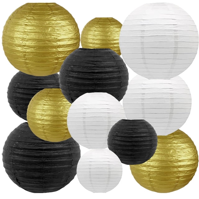 Faroles de papel Xiksxitn negros, dorados y blancos, 12 unidades, 10 a 4 pulgadas