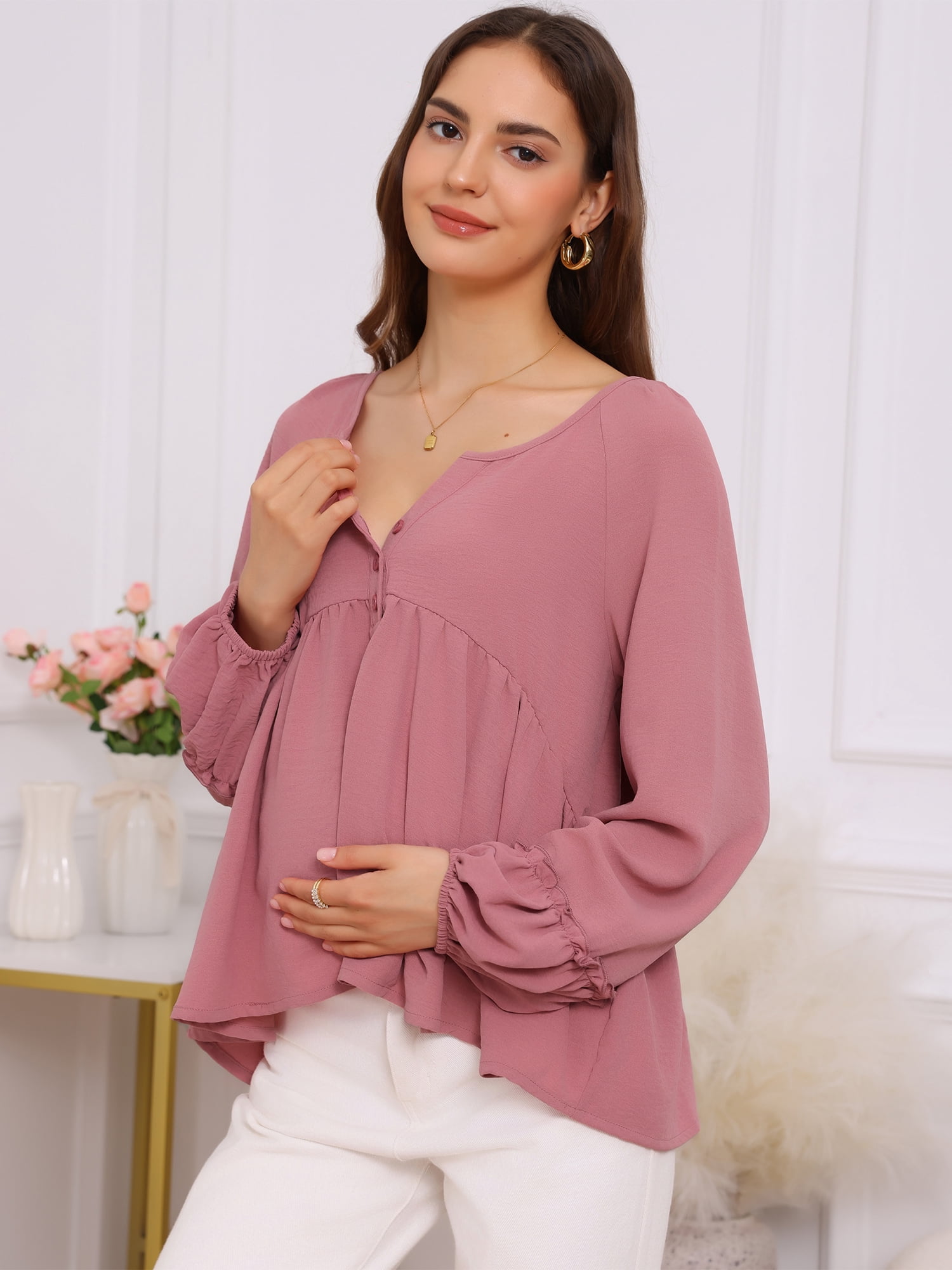 DARING DIVA Women's Maternity Empire Waist Babydoll Lantern Sleeve Blouse XL Pink