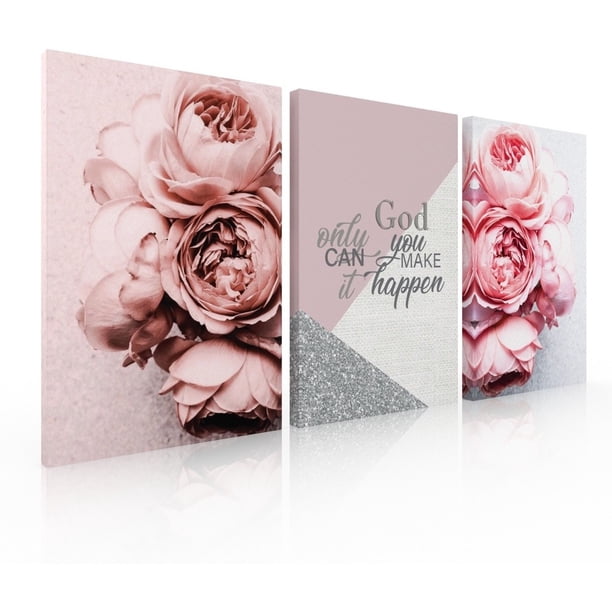 Set De 3 Cuadros Decorativos Rosas Rosas Con Frase Only Ideas Creativas Cuadro sublimado en tela