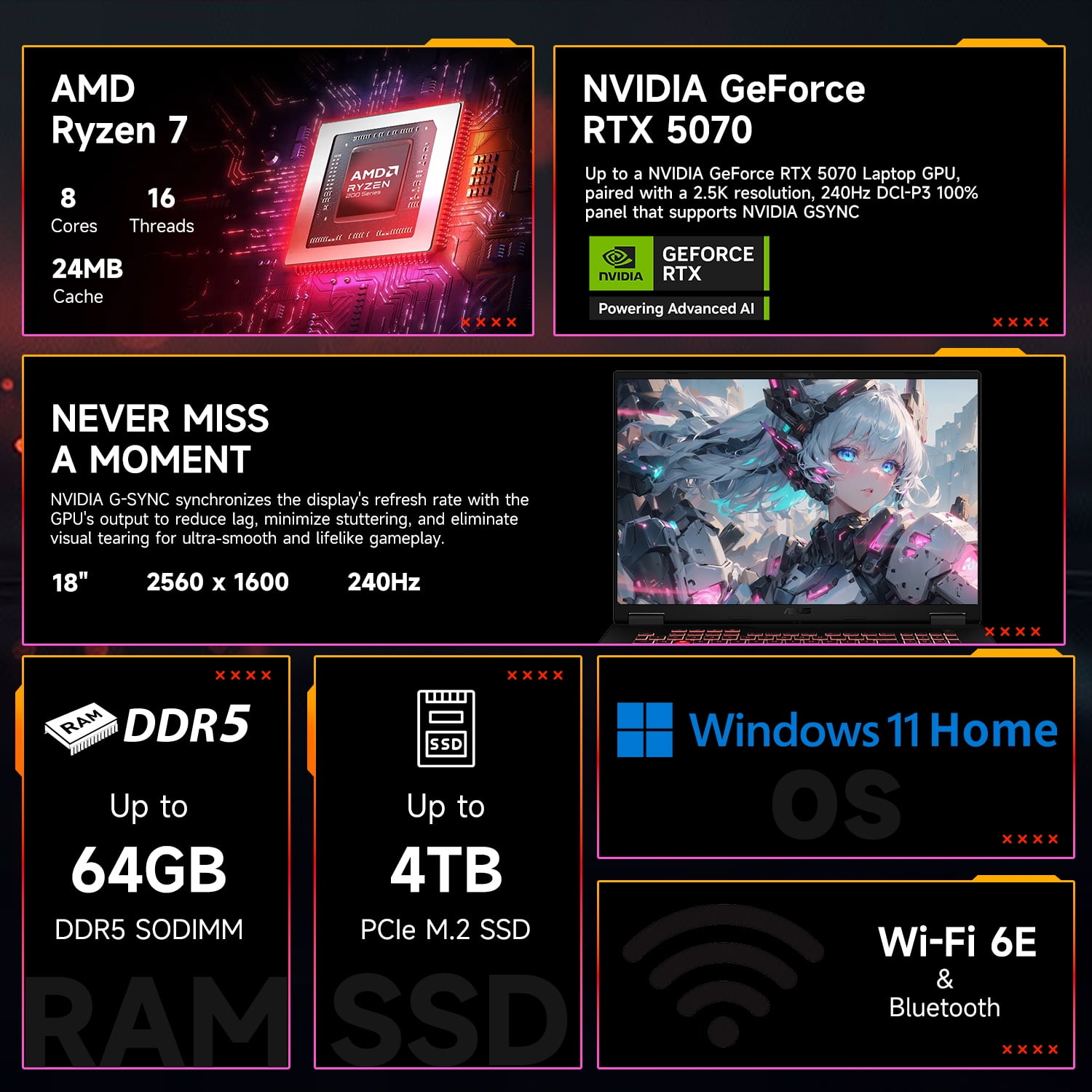 Asus Tuf A18 Rtx 5070 Gaming Laptop, 18" Wqxga 240Hz, Amd Ryzen 7 260 Processor, 16gb Ram, 1tb Ssd, Windows 11 Home