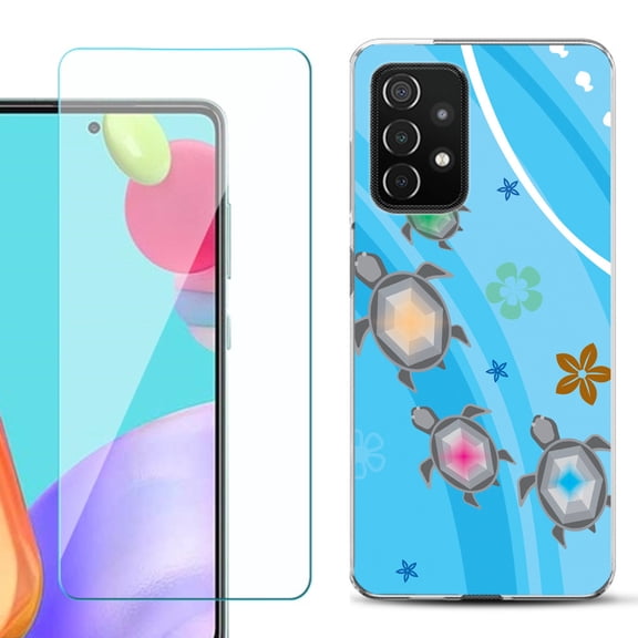 Slim-Fit Flexible Gel TPU Phone Case compatible with Samsung Galaxy A52 5G, with Tempered Glass Screen Protector, by OneToughShield ® - Happy Turtle