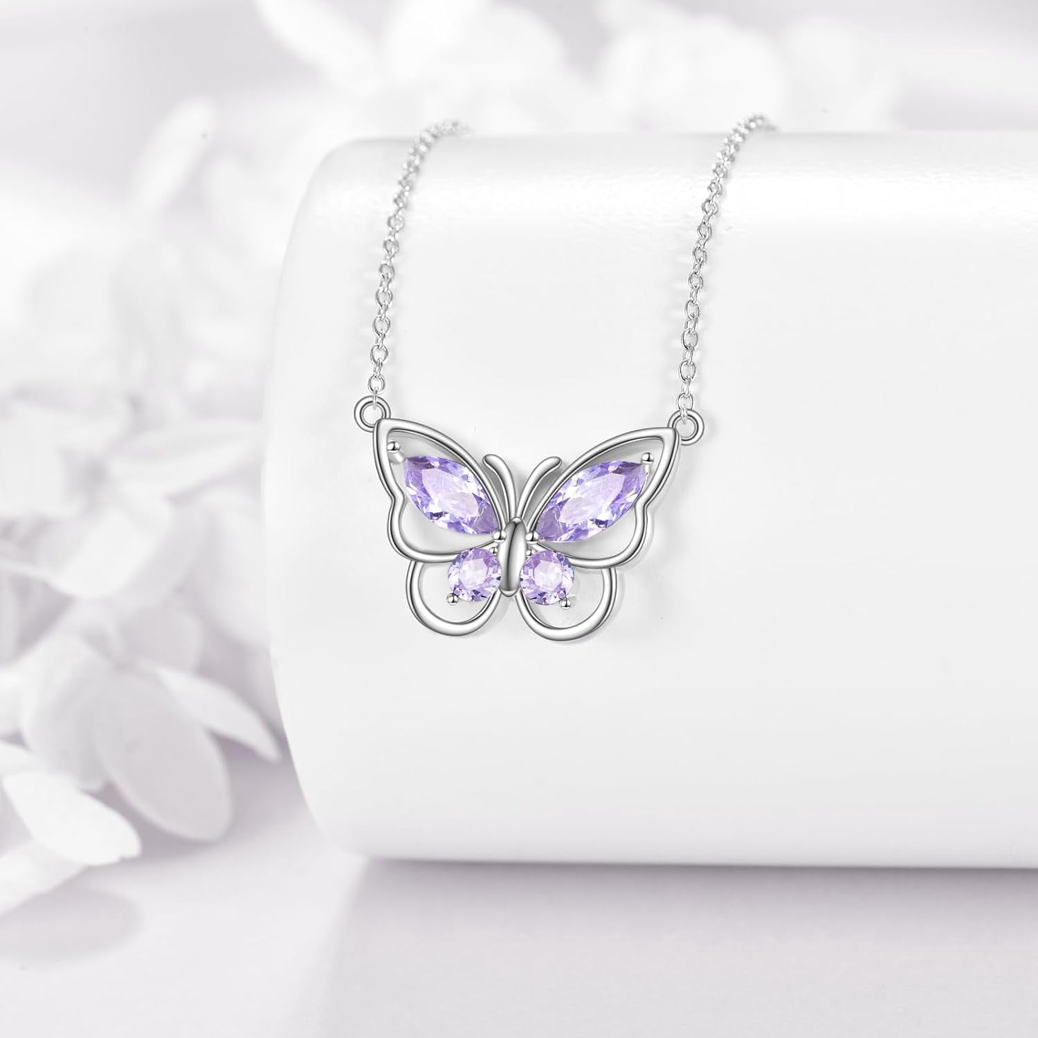 Butterfly Necklace for Women 925 Sterling Silver Crystal Butterfly Pendant Birthstone Amethyst Jewelry Gift