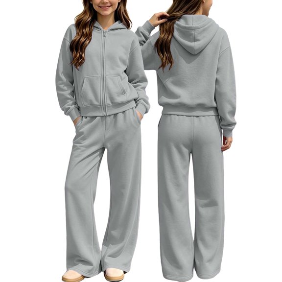 SERTGUTR Girls' Zip Up Hoodie Set Fleece Lined Full Zip Drop Shoulder Kangaroo Pocket Wide Leg Sweatpants Casual Winter Warm Two Piece Outfit School Everyday Outerwear
